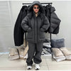 Print Hooded Puffer Coat Set Women Quilted High Neck Full Sleeve Zip Pockets Jacket Wide Leg Pants Winter Warm Sets