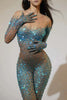 Sparkly Rhinestones Sexy Mesh See Through Bodycon Jumpsuit Women Birthday Gown Women Bar Nightclub Dancer Stage Outfit