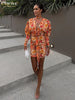 Sexy Slim Print Women Dress Bodycon V-Neck Long Sleeve Mini Dresses Elegant Ruched High Waist Lace-Up Female Dress