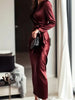 Satin Long Sleeve V Neck Wrap Tie Waist Elegant Midi Dress for Women Evening Party Cocktail