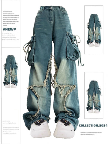 Women Blue Cargo Jeans Baggy Vintage 90s Aesthetic High Waist Cowboy Pants Harajuku Denim Trousers Y2k Trashy 2000s Clothes
