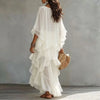 Vintage Solid Tiered Ruffle Mesh Dress Women Crew Neck Loose Batwing Sleeve Sheer Maxi Dress Elegant Holiday Travel Casual Dress
