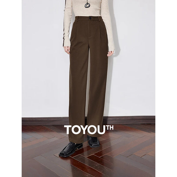 Women Casual Pants Autumn and Winter Mid Waist Workwear Style Straight Woolen Pants
