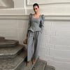 Elegant Woolen Top Pants Women Set Urban Long Sleeve Slash Neck Pleated Blouse Straight Trousers Autumn Winter Lady Suit