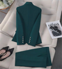 Women Emerald Green Solid Double Breasted Blazer Pants Suit, Metal Buttons Waist Cinched 2 Piece Elegant Office Commute Outfit