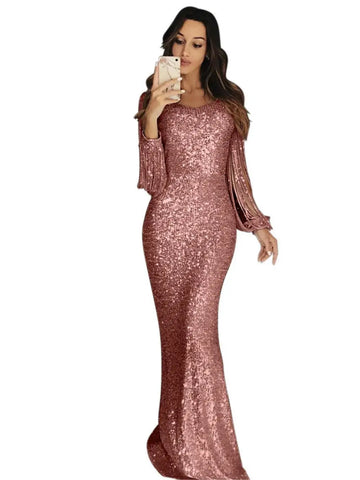 Women's European and American Long Dress Evening Dress Long Sleeve Tassel Dinner Dress