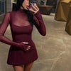 Sexy Women's Burgundy Mini Dress Turtleneck Transparent Long Sleeve A-line Short Dresses Evening Party Prom Cocktai