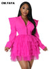 Vintage Women Single Breasted Notched Neck Puff Long Sleeve Mesh Cascading Ruffles Big Swing Blazer Dress Chic Vestidos