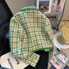 Korean Tweed Jacket Vintage Green Outerwear Spring Autumn Women Coat Cropped Jacket Long Sleeve Button Turndown Collar Suit