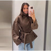 Chic Green Suede Lace Up Jackets Women Loose Stand Collar Belt Long Sleeve Buttons Coats Autumn Winter Lady Outwear