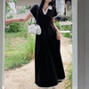 Women Autumn Midi Dresses Black Vintage Simple Y2K V-neck Korean Preppy Style Elastic Long Sleeved A-Line Sports Dress