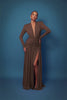 Women Glitter Maxi Evening Dress Deep V Neck Long Sleeve Ruched High Slit Formal Party Dress For Wedding Guest Prom