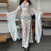 E-girl Goth Punk Bodycon Slip Dress Women Sheer Lace Maxi Dress Bat Long Sleeve Y2k Fairy Grunge See Through Split Flowy Dress
