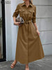 Women Autumn Cargo Maxi Long Dresses Casual Long Sleeve Pockets Belted Collared Shirt Dress Commuting Workwear S-3XL