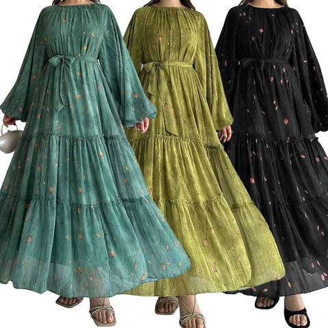 Eid Muslim Abaya Dress for Women Print Chiffon Sashes Jalabiya Kaftan Islam Arab Long Robe Ramadan Morocco Abayas Outfits