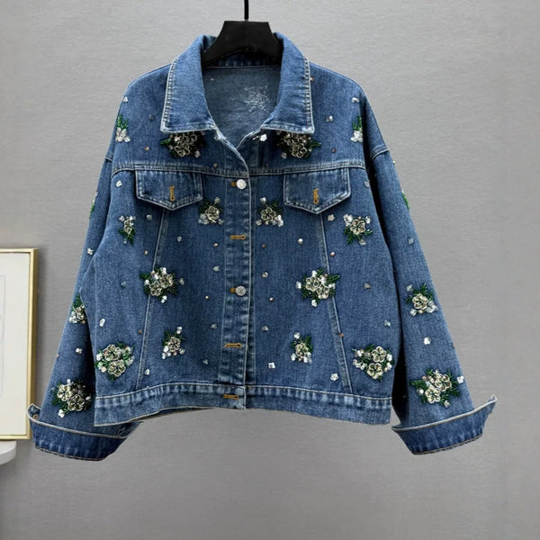 European and American Style High Street Denim Patchwork Suit for Women Long-sleeved Loose Jackets