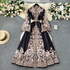 Retro Court Style Printed Dress Women Autumn Winter Flared Sleeve Vintage Long Dresses Ladies Slim Autumn Winter Long Robe