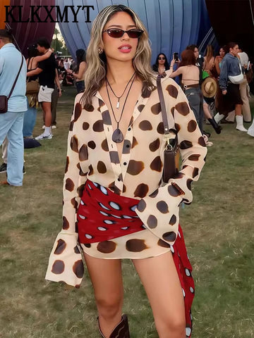 Leopard Print Sheer Chiffon Shirt Style Dress Women Casual Lapel Chic Vacation Mini Dresses Detachable Scarf
