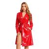 Adults Womens Glossy Open Front Long Jackets with Belt Long Trench Coat Blazer Lapel PU Leather Overcoat Streetwear Clubwear