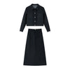 Women's Vintage Elegant Denim Skirt Set Long Sleeve Lapel Denim Jacket Split A-line Skirt Office Lady Denim Suits M8307