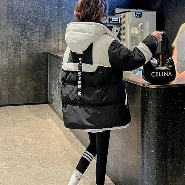 Black Medium Long Parker Cotton Jacket Women's Winter Korean Version Loose Down Cotton Splicing Hooded Coat Warm Top