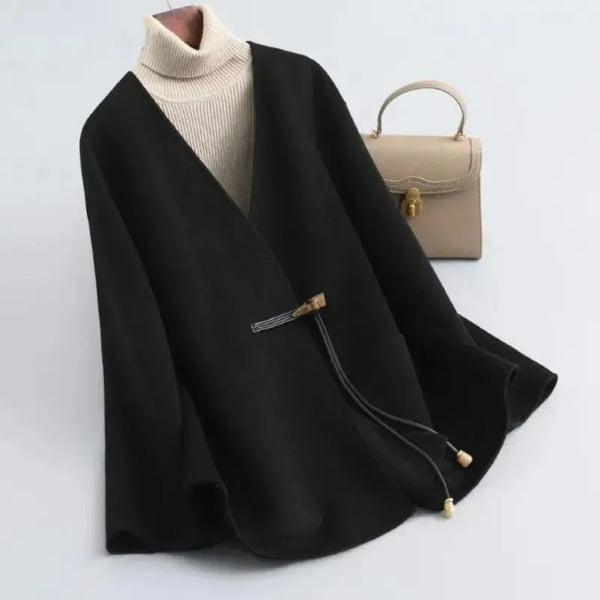 Mom's Women's Horn Buckle National Wind Coat Double-sided Woolen Female Short Loose Jacket Chinese Frenulum Overwear