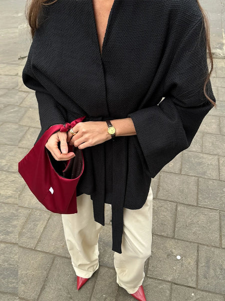 Chic Black Lace Up Jackets With Belt Women V-neck Long Sleeve Lace Up Loose Coats Autumn Casual Street Daily Outerwear