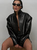 Croc Embossed Cropped Faux Leather Jacket High Stand Collar Long Sleeve Oversized Women Jackets Autumn Chic Coats