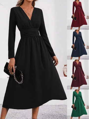 Elegant Solid Color Knit Dress for Women Fall Winter Overlap V-Neck Long Sleeve with Waist Shirring Bodycon Long Maxi Dress