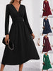 Elegant Solid Color Knit Dress for Women Fall Winter Overlap V-Neck Long Sleeve with Waist Shirring Bodycon Long Maxi Dress