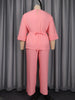 Women Causal Pink Two Piece Set V Neck Appliques Waist Cinching Top Wide Leg Long Pants African Office Party Outfits