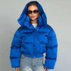 Solid Hooded Cropped Puffer Jacket Women Stand Collar Snap Button Loose Long Sleeve Jackets Winter Casual Warm Padded Coat
