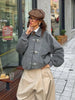 Grey Lapel Woolen Blend Short Coat Women Solid Single Breasted Long Sleeves Pockets Loose Jacket Lady Autumn Street Outerwear