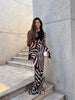 Women Zebra Stripe Long Dress Elegant Lace Up Full Sleeve Slim-fit Robes Evening Party Lady Vestidos