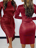 Classic Bodycon Lace-up Women's Dress Solid Hip Wrap Buttons Midi Short Dressses With Sleeves High Neck Woman Clothing