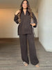 Brown V-Neck Knit Shirt Pants Set Women Solid Long Sleeve Top Empire Straight Loose Trousers Lady Spring Suit
