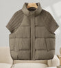Women Stand Collar Knit Spliced Cotton Puffer Vest Drawstring Hem Loose Quilted Waistcoat Autumn Winter Casual Outerwear
