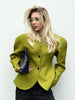 Women Elegant Peplum Blazer Olive Green Slim Fit Flared Hem Jacket Vintage Puff Sleeve Office Lady Coat