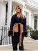 Women Color Block Short Wrap Coat Lapel Collar Waist Tie Faux Fur Cuffs Long Sleeve Loose Elegant Fall Winter Daily Outerwear