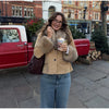 Beige Faux Suede Women Jacket Fur Collar Cuffs Trim Button Front Coat Vintage Western Cowgirl Style Warm Winter Outerwear