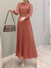 Elegant Women Pleated Dress Classy Smocked Cuffs Long Sleeve O Neck Fit and Flare Long Vestidos Commute Solid Party Robes
