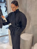Lady Black Pinstripe Two Piece Suit Belted Wrap Long Sleeves Blazer Wide Leg Pants Sets Autumn Chic Formal Business Set