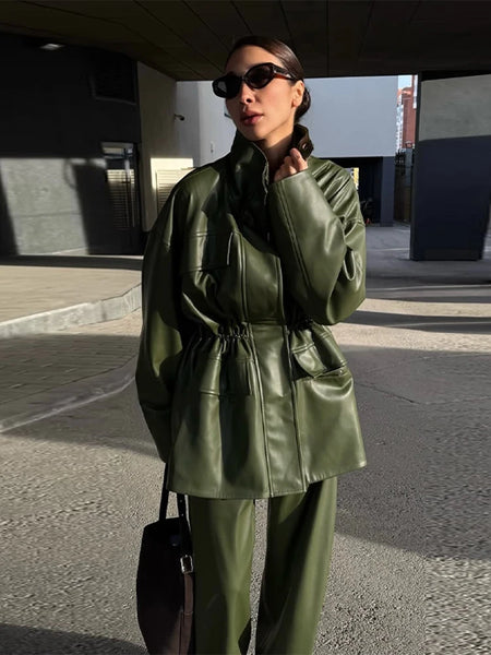 Casual Pu Leather Women Jacket Street Long Sleeve Stand Collar Zippers Female Outwear Autumn Winter Lady Streetwear