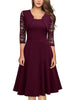 Women's Vintage Floral Lace Wedding Party Dress Square Neck A-Line Skirt High Waist Solid Medium Sleeve Slim Flared Skirt