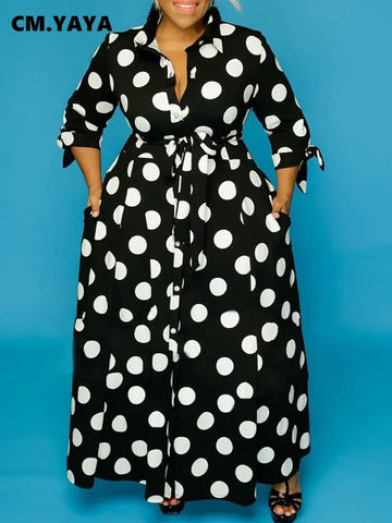 Autumn Dot Print Button Up Plus Size XL-5XL Women Blousers Maxi Dress Vestidos Streetwear Long Dresses Vestidos