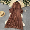 Spring Vintage Loose Dresses Women Lantern Sleeve Turn-down Collar Solid Single Breasted Casual Folds Long Dress