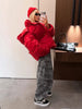 Bright Red Hooded Puffer Jacket Oversized Collar Horizontal Quilted Thick Padded Cropped Coats Women's Down Winter Jackets Warm