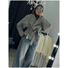 Solid Tie Waist Cinching Suede Jackets Women Chic Stand Up Collar Loose Crop Short Coats Lady Autumn Commute Daily Outfit
