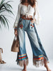 Women Tassel Jeans Pockets Floral Embroidery Patchwork Denim Straight Leg Jeans Ethnic Casual Vintage High Waist Denim Trousers