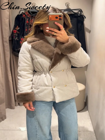 Winter Elegant Faux Fur Spliced Women Jacket Chic Lapel Waist Cinching Double Breasted Padded Female Coats Casual Lady Top
